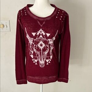 Express - Burgundy Graphic Sweatshirt with Studded Shoulders